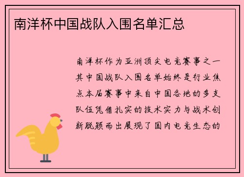 南洋杯中国战队入围名单汇总